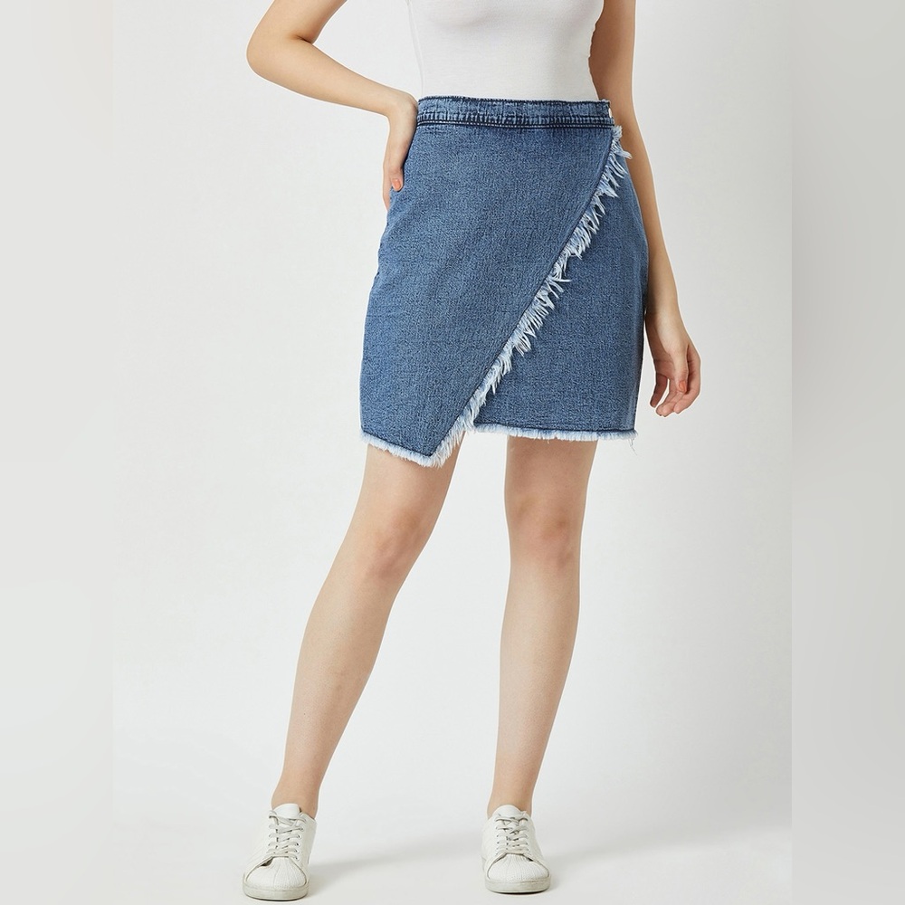 Cello Denim Wrap Mini Skirt Distressed Raw Hem Blue Size M